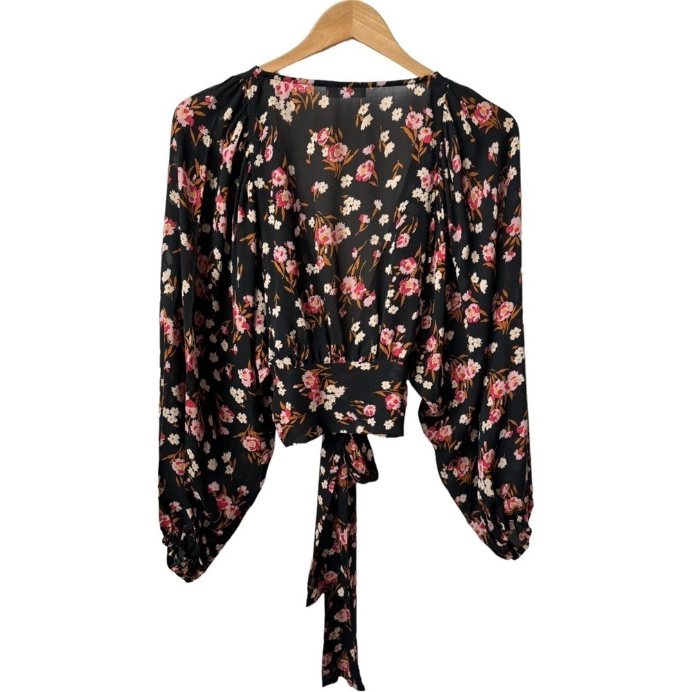 A.L.C. Carla Floral 100% Silk Wrap Crop Top Blouse Balloon Sleeves Black Small 6 - Picture 7 of 14